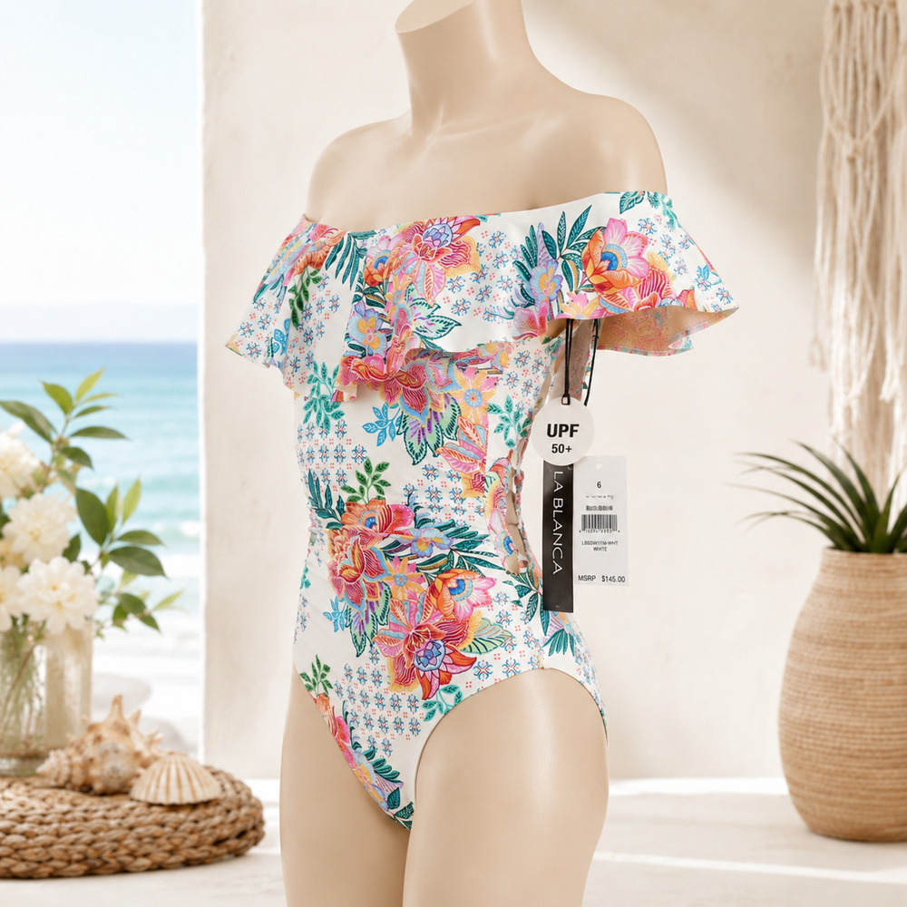 La Blanca Off Shoulder Floral One Piece Swimsuit NWT White Size 6 UPF 50+ - Picture 3 of 4